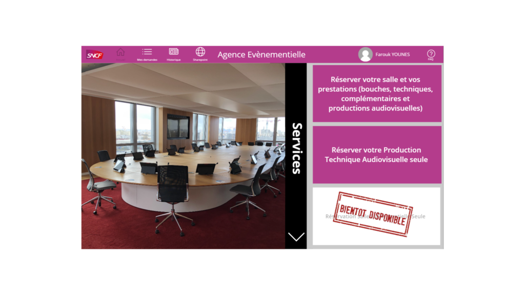 Page d'accueil de l'application destinée aux clients de l'agence évènementielle SNCF, leur permettant d'organiser leurs réunions