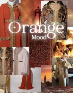 Moodboard WelcHome Caftan - Succession de photo de caftans et robes dans des tons oranges.