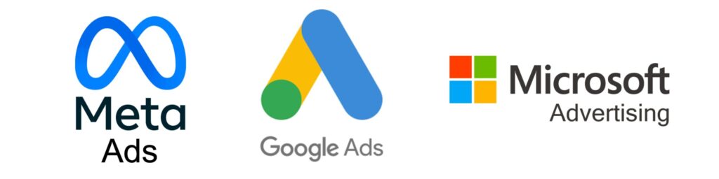logos-regies-publicitaires-exploitees Les visuels créés servaient aux campagnes publicitaires sur Meta Ads, Google Ads et Microsoft Advertising.
